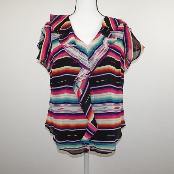 Ralph Lauren Ruffled Blouse Top Women's Size M Black Striped Flutter Sleeve - Picture 3 of 9